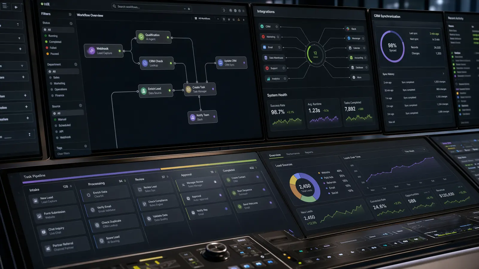 Dark operator-grade workflow and integration dashboard visual